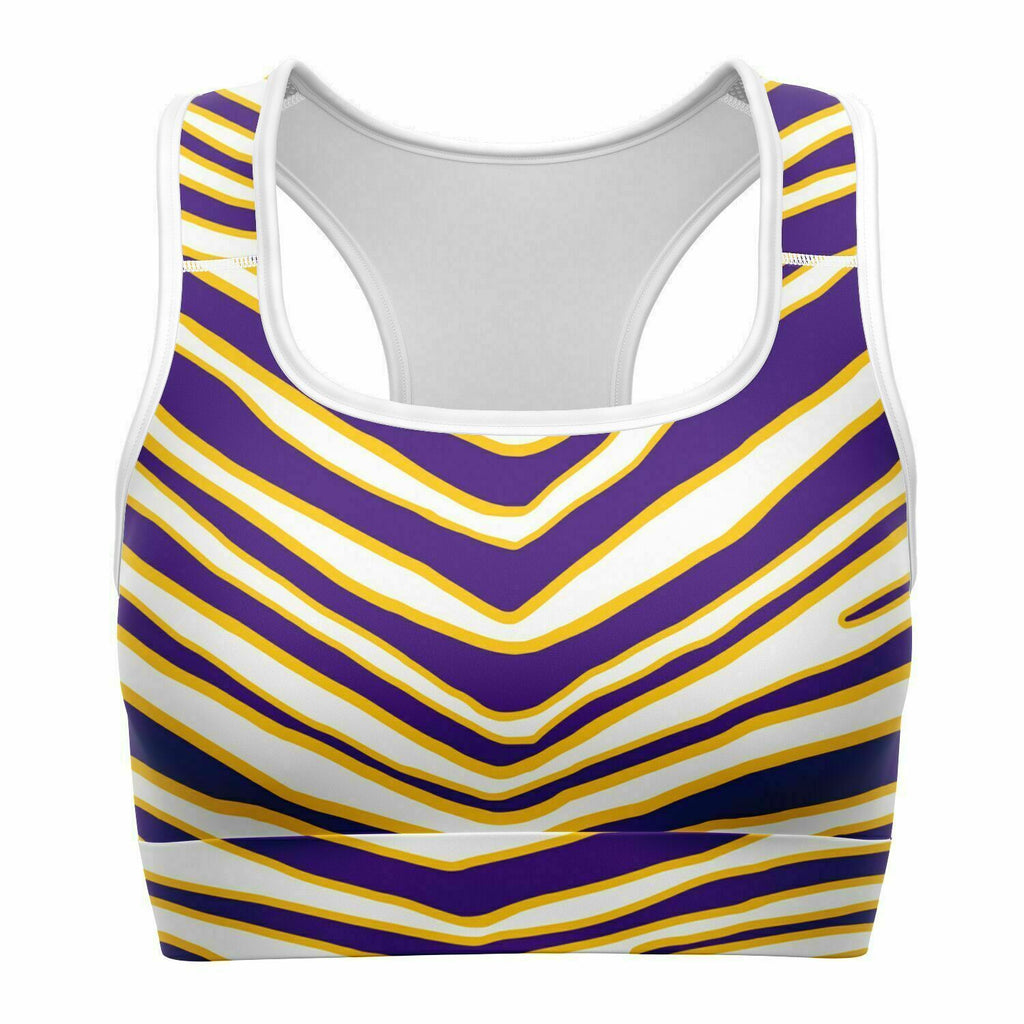 Women's Minnesota Football Purple Gold Wild Zebra Stripe Animal Pattern Athletic Sports Bra