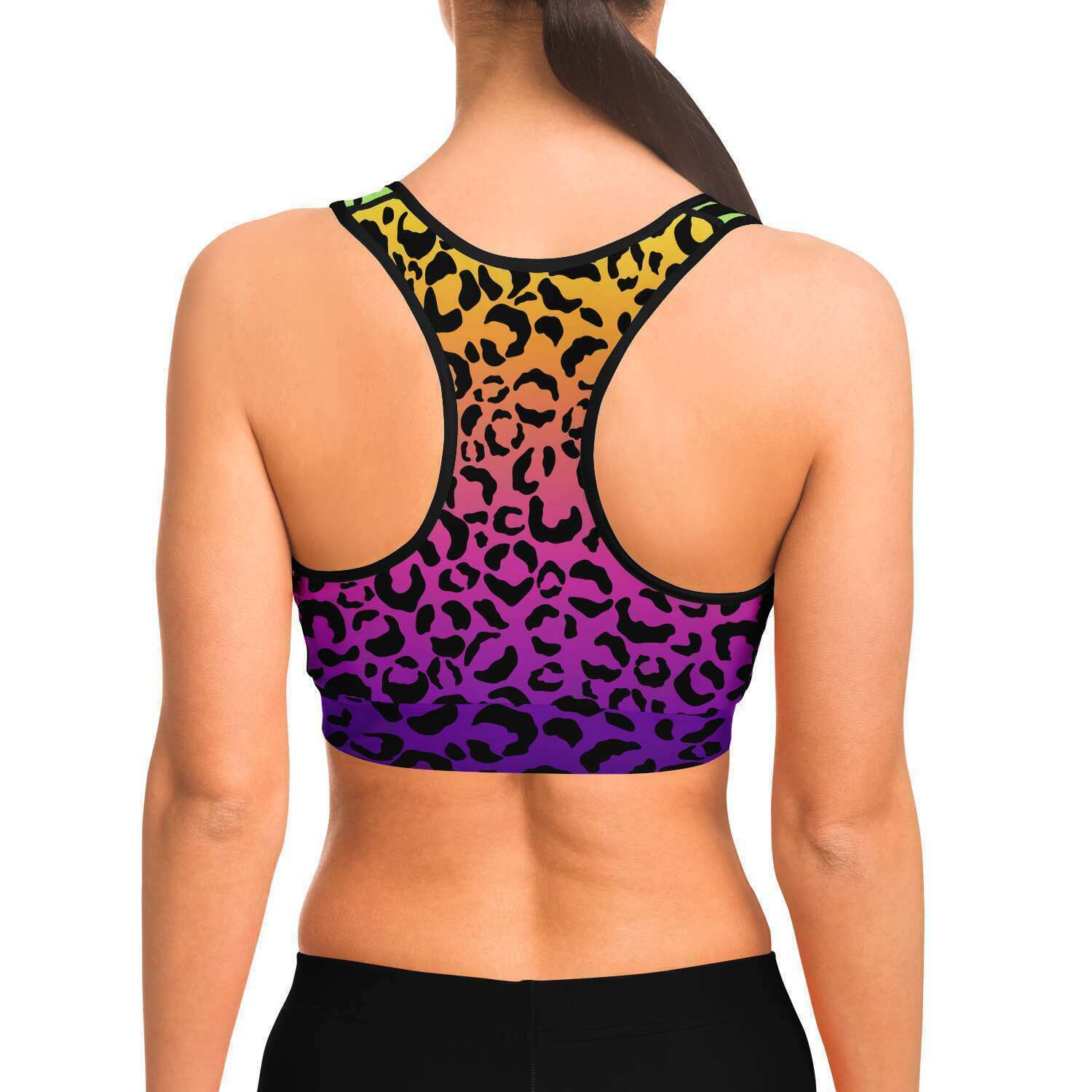 Women's Rainbow Gradient Leopard Cheetah Print Athletic Sports Bra Model Back