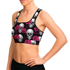 Women's Pink Roses & Skulls Halloween Athletic Sports Bra Model Left
