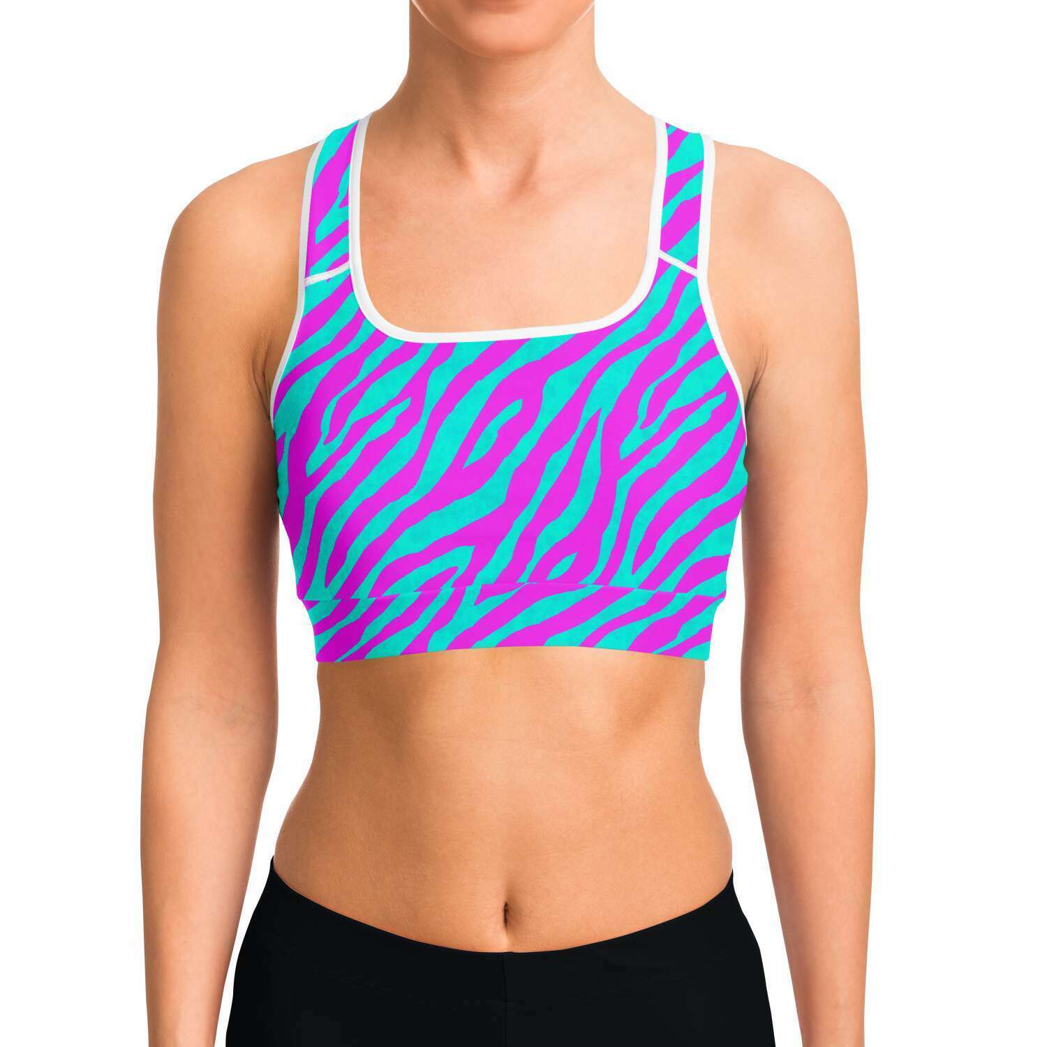 Women's Hot Pink Zebra Animal Print Athletic Bra Model Front