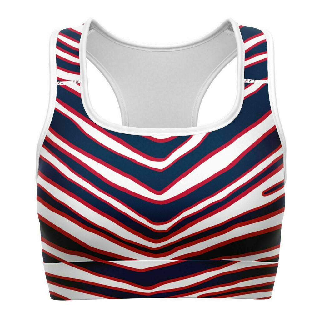 Women's New England Football Red White Blue Wild Zebra Stripe Animal Pattern Athletic Sports Bra