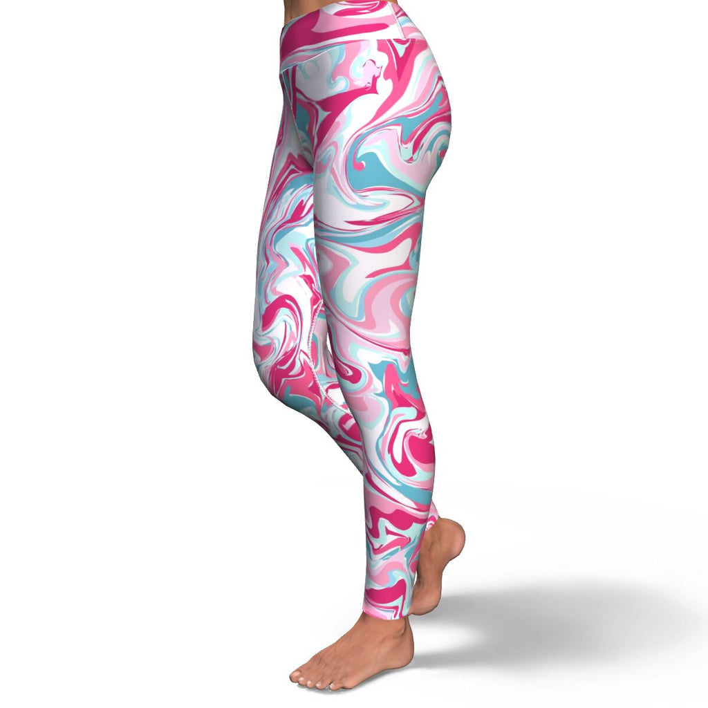 Women's Pink Blue Marble Paint Swirls High-waisted Yoga Leggings