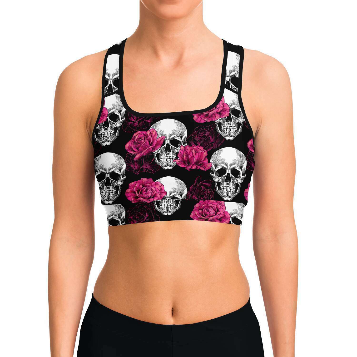 Women's Pink Roses & Skulls Halloween Athletic Sports Bra Model Front