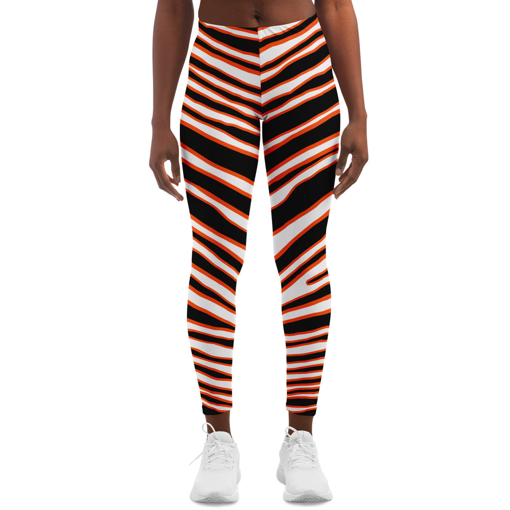 Women's Cincinnati Football Black Orange Wild Zebra Stripe Animal Pattern Mid-rise Yoga Leggings