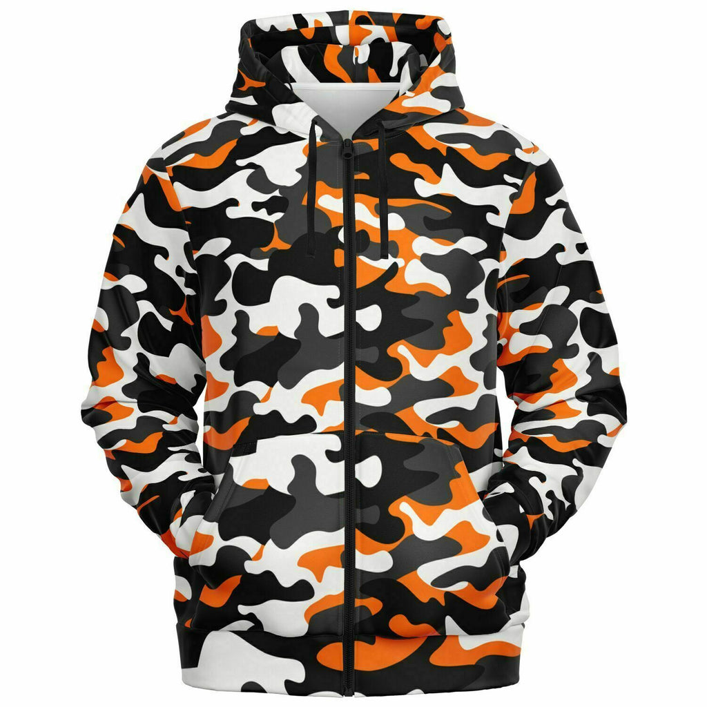 Unisex Urban Jungle Orange White Black Camouflage Athletic Zip-Up Hoodie