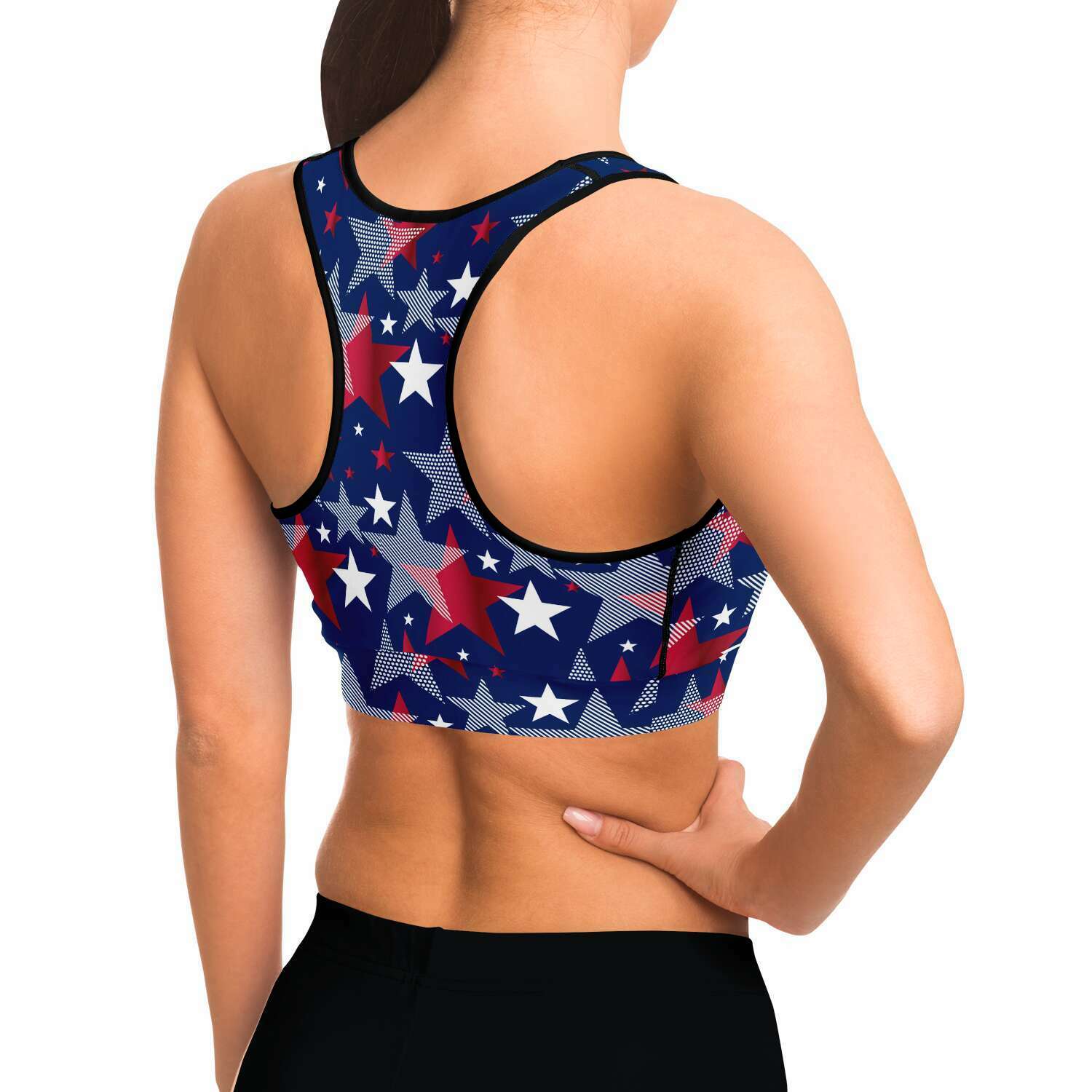 Women's Fourth Of July Starburst Fireworks Athletic Sports Bra Model Right