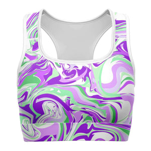 Women's Purple Green Marble Paint Swirls Athletic Sports Bra