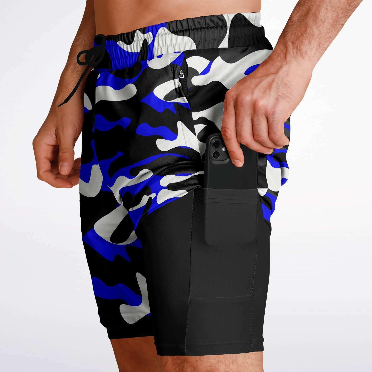 Men's 2-in-1 Black Blue Urban Camouflage Gym Shorts