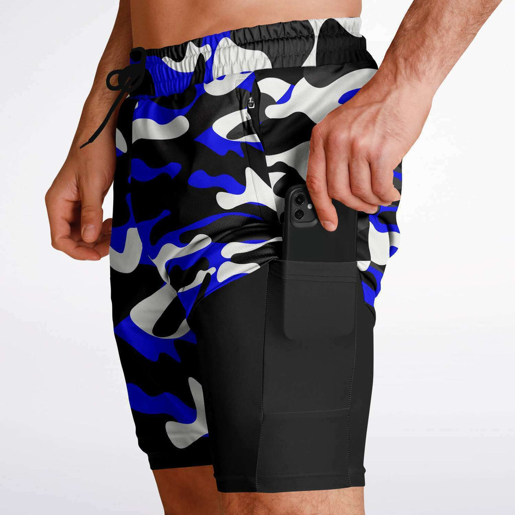 Men's 2-in-1 Black Blue Urban Camouflage Gym Shorts