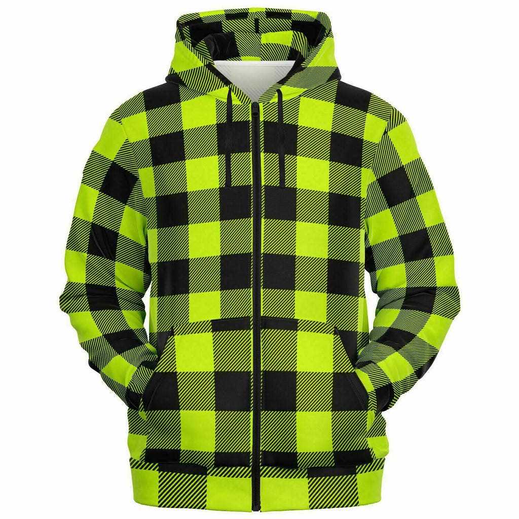 Unisex Safety Green Lumberjack Plaid Zip-Up Hoodie