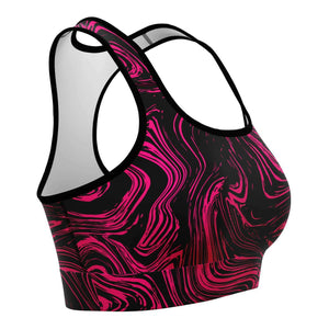 Women's Black Pink Marble Swirl Athletic Sports Bra Right
