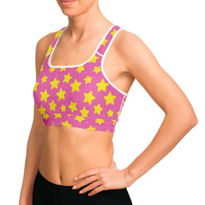 Women's Pink Star Power Athletic Sports Bra Model Left