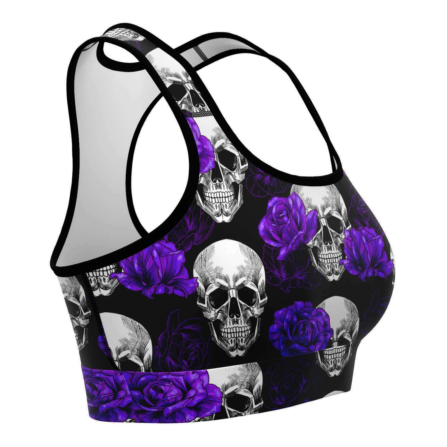 Women's Purple Roses & Skulls Halloween Athletic Sports Bra Right