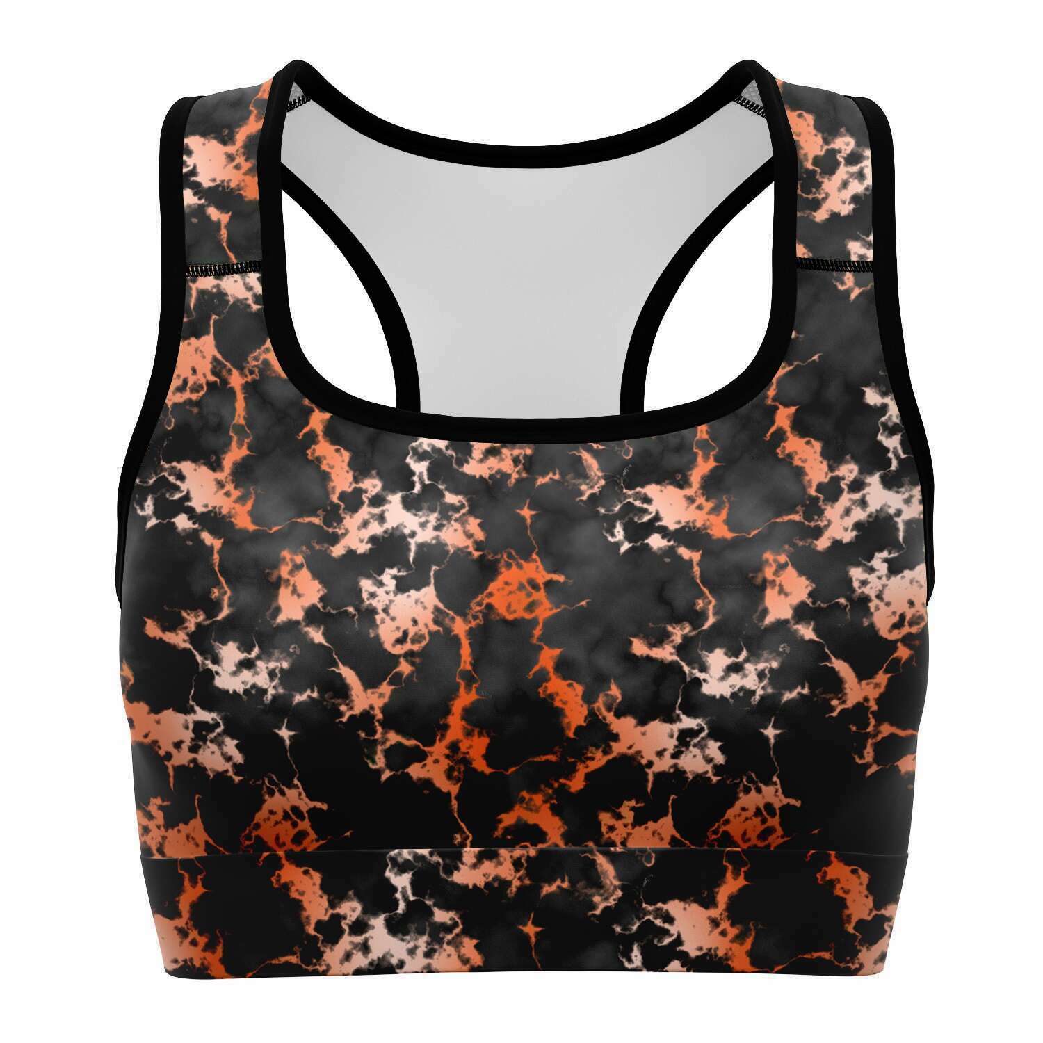 Women's Black Orange Gilded Marble Athletic Sports Bra