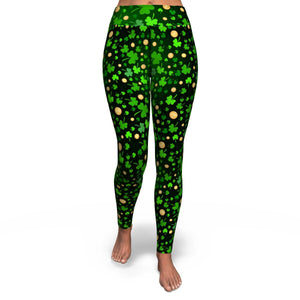 Women's St. Patrick's Day Feeling Lucky Green Shamrocks Gold Coins High-waisted Yoga Leggings Front