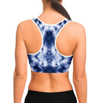 Women's Blue Monotone Tie-Die Athletic Sports Bra Model Back