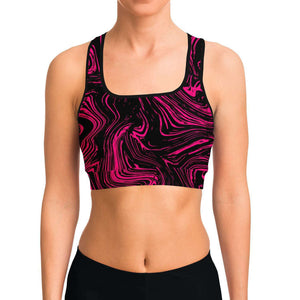 Women's Black Pink Marble Swirl Athletic Sports Bra Model Front