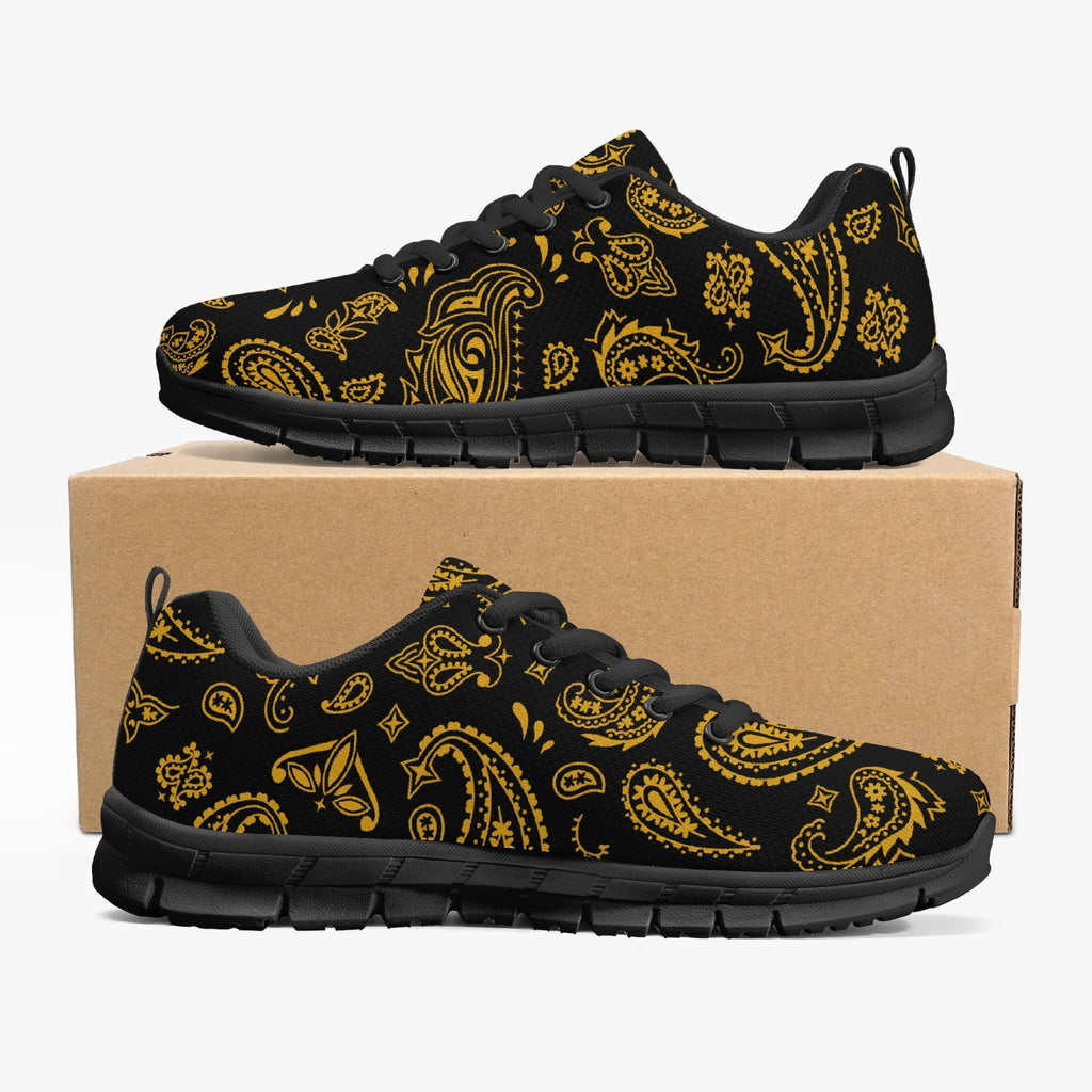 Women's Black Yellow Paisley Bandana Gym Workout Sneakers