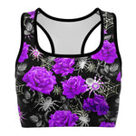 Women's Deadly Purple Roses & Spiders Halloween Athletic Sports Bra Front