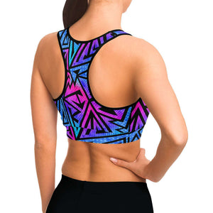 Women's Pink Blue Tribal Graffiti Athletic Sports Bra Model Right