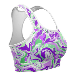 Women's Purple Green Marble Paint Swirls Athletic Sports Bra Right