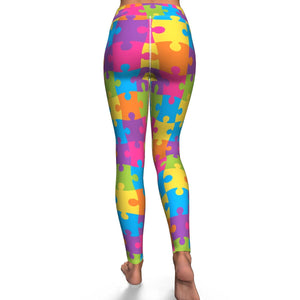 Women's Rainbow Puzzle Pieces Autism Awareness High-waisted Yoga Leggings Back