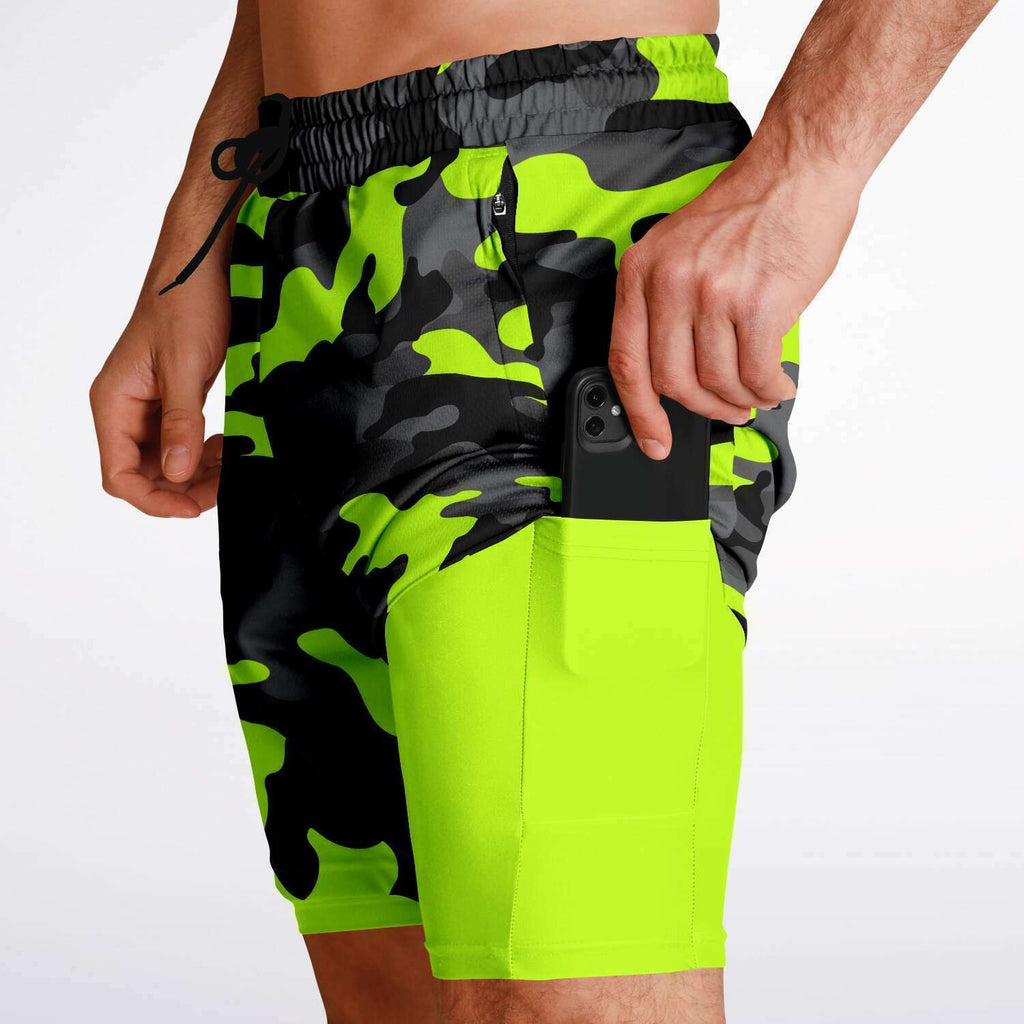 Men's 2-in-1 Safety Highlighter Green Camouflage Gym Shorts