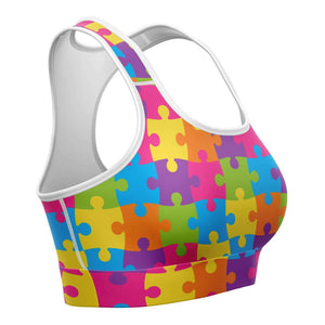 Women's Rainbow Puzzle Pieces Autism Awareness Athletic Sports Bra Right