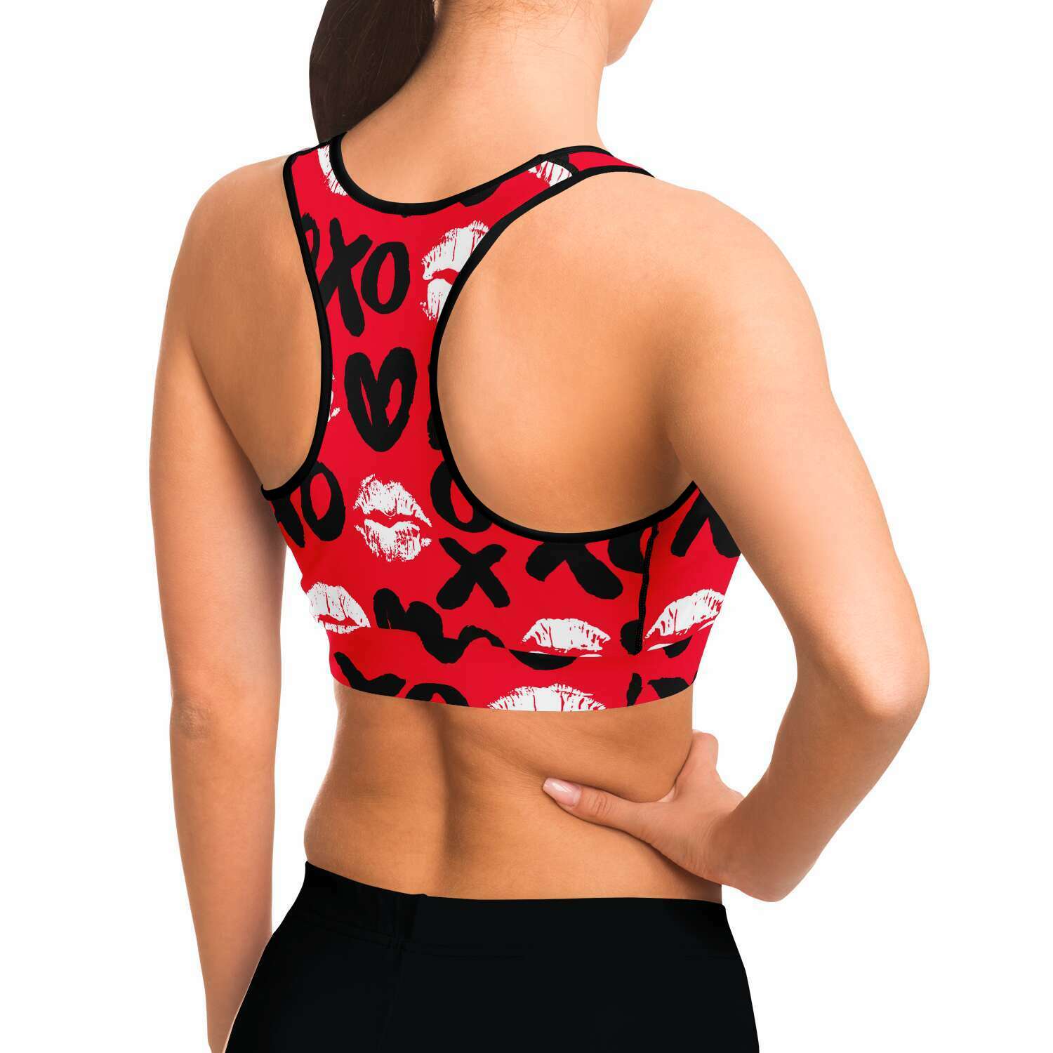 Women's Red Valentines Hearts Hugs Kisses Athletic Sports Bra Model Right