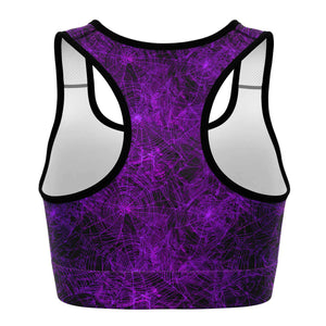 Women's Purple Neon Spider Web Halloween Athletic Sports Bra Back