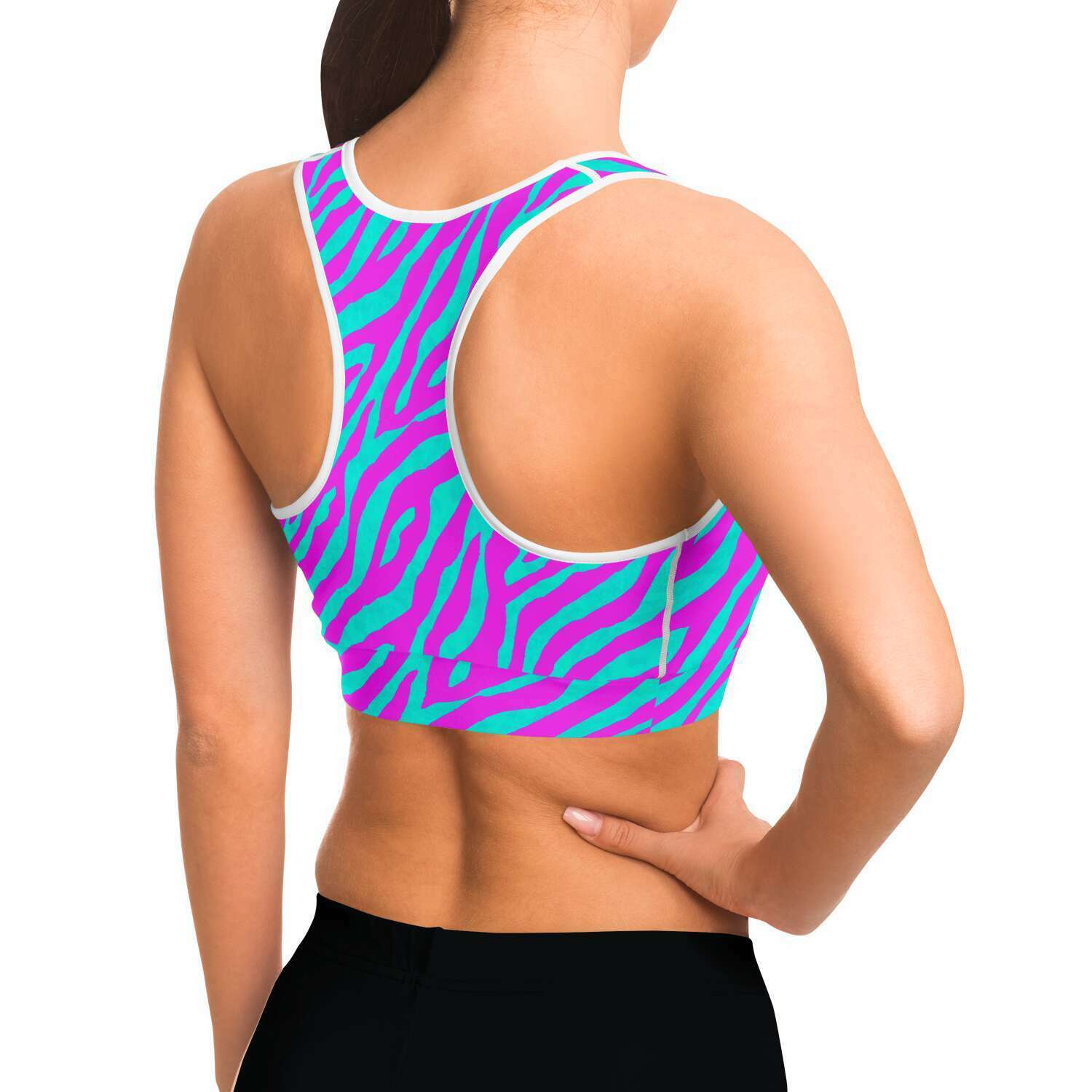 Women's Hot Pink Zebra Animal Print Athletic Bra Model Right