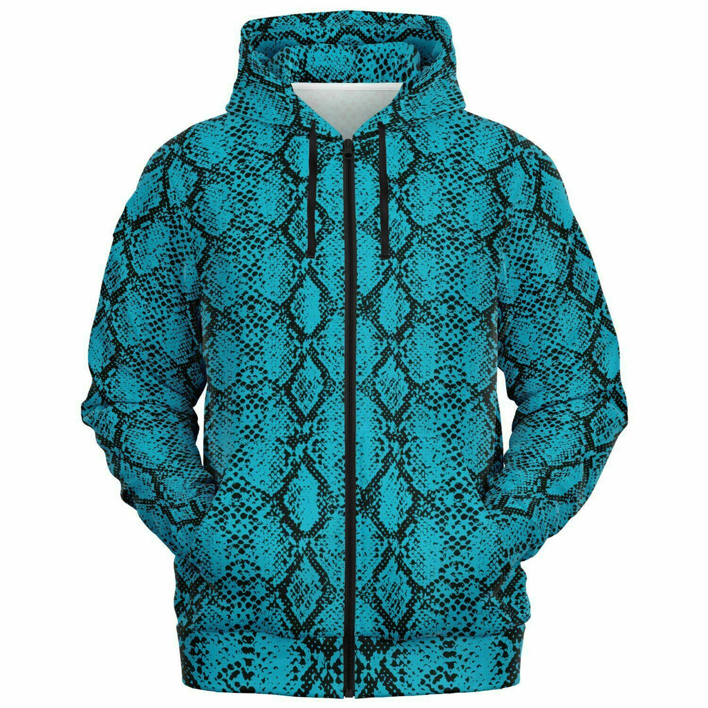 Unisex Blue Snakeskin Reptile Pattern Print Zip-Up Hoodie