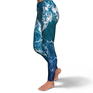Women's Blue Ocean Marble High-waisted Yoga Leggings Left
