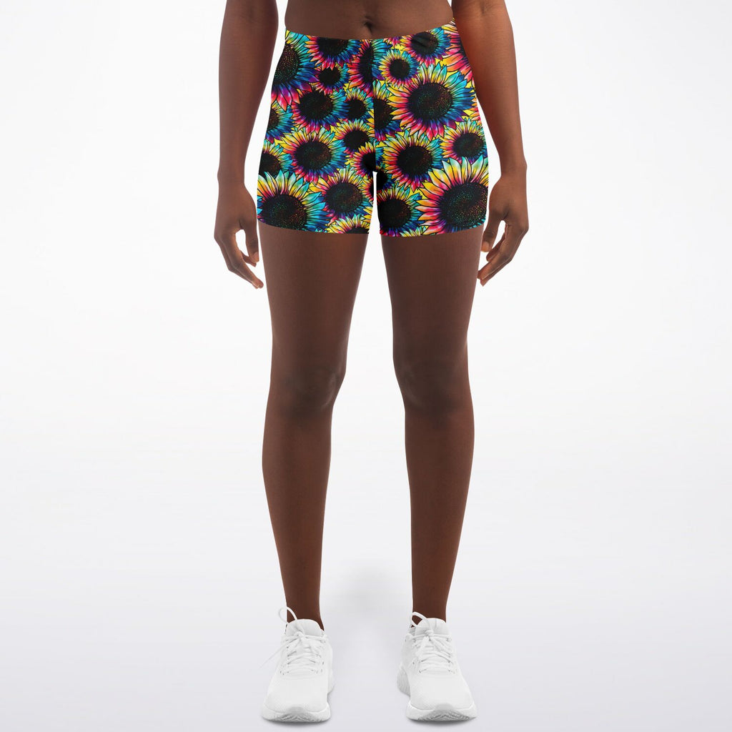 Women's Trippy Tie-Dye Electric Rave Rainbow Sunflowers Athletic Booty Shorts
