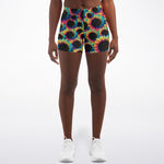 Women's Trippy Tie-Dye Electric Rave Rainbow Sunflowers Athletic Booty Shorts