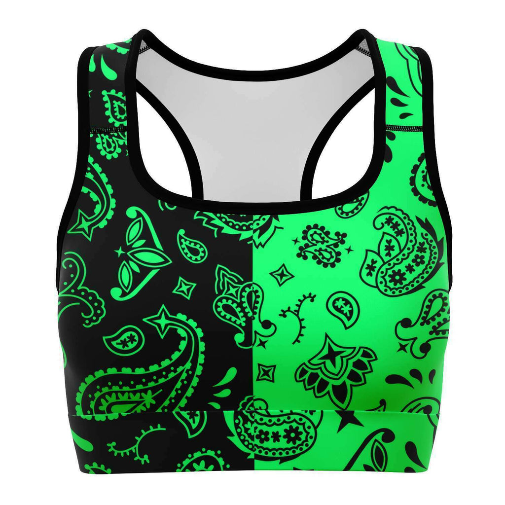 Women's Mint Green Highlighter Split Paisley Athletic Sports Bra