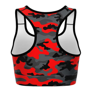 Women's Black Red Camouflage Athletic Sports Bra Back