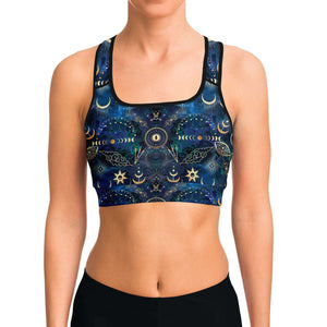 Women's Mystic Blue Astrological Tarot Athletic Sports Bra Model Front