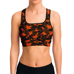 Women's Orange Digital Camouflage Athletic Sports Bra Model Front