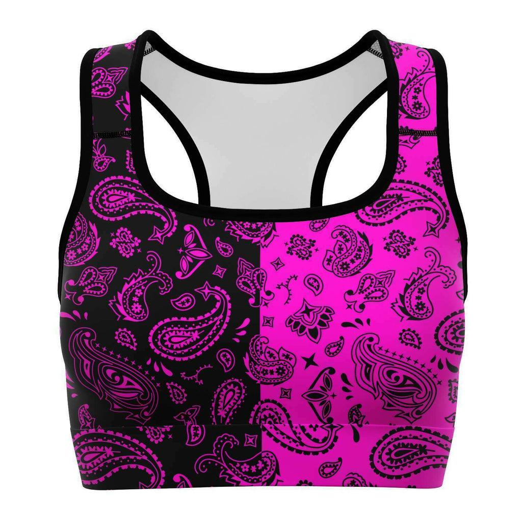 Women's Half Black Pink Paisley Bandana Athletic Sports Bra