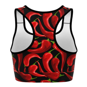 Women's Hot Red Spicy Chili Peppers Athletic Sports Bra Back