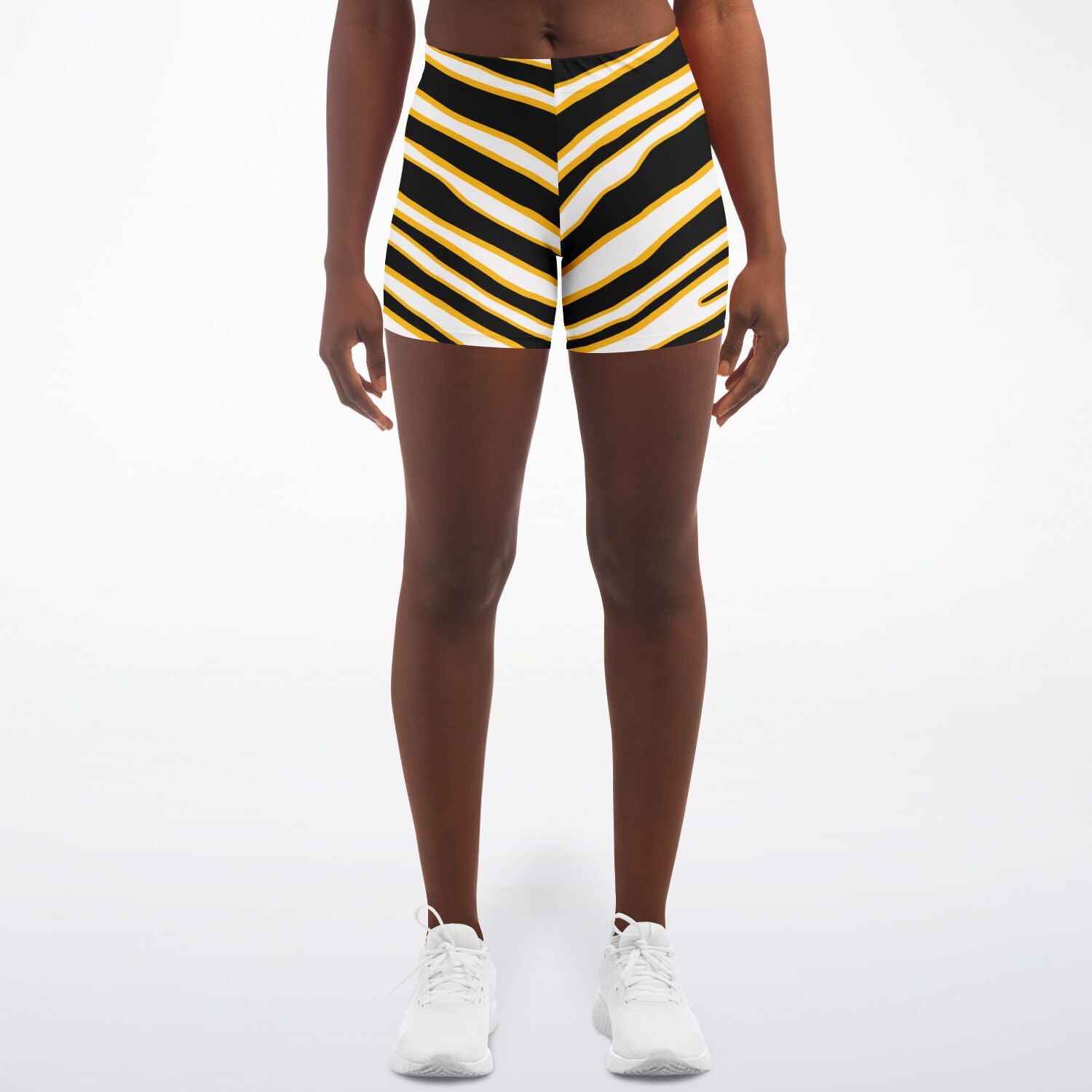 Women's Pittsburgh Football Black Yellow Wild Zebra Stripe Animal Pattern Mid-Rise Athletic Booty Shorts