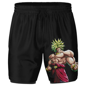 Mens 2-in-1 Broly Dragon Ball Goku Super Saiyan Anime Gym Shorts