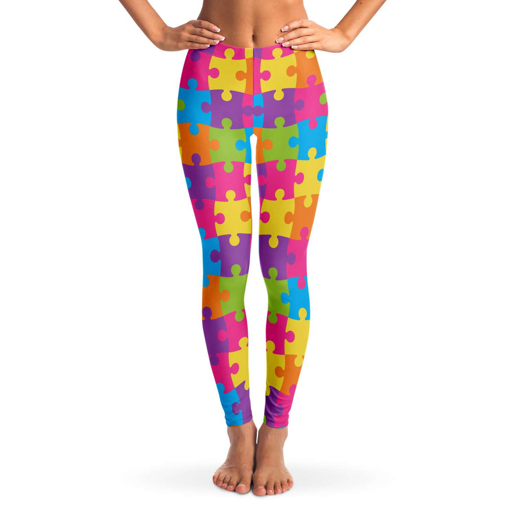 Women's Rainbow Puzzle Pieces Autism Mid-rise Yoga Leggings