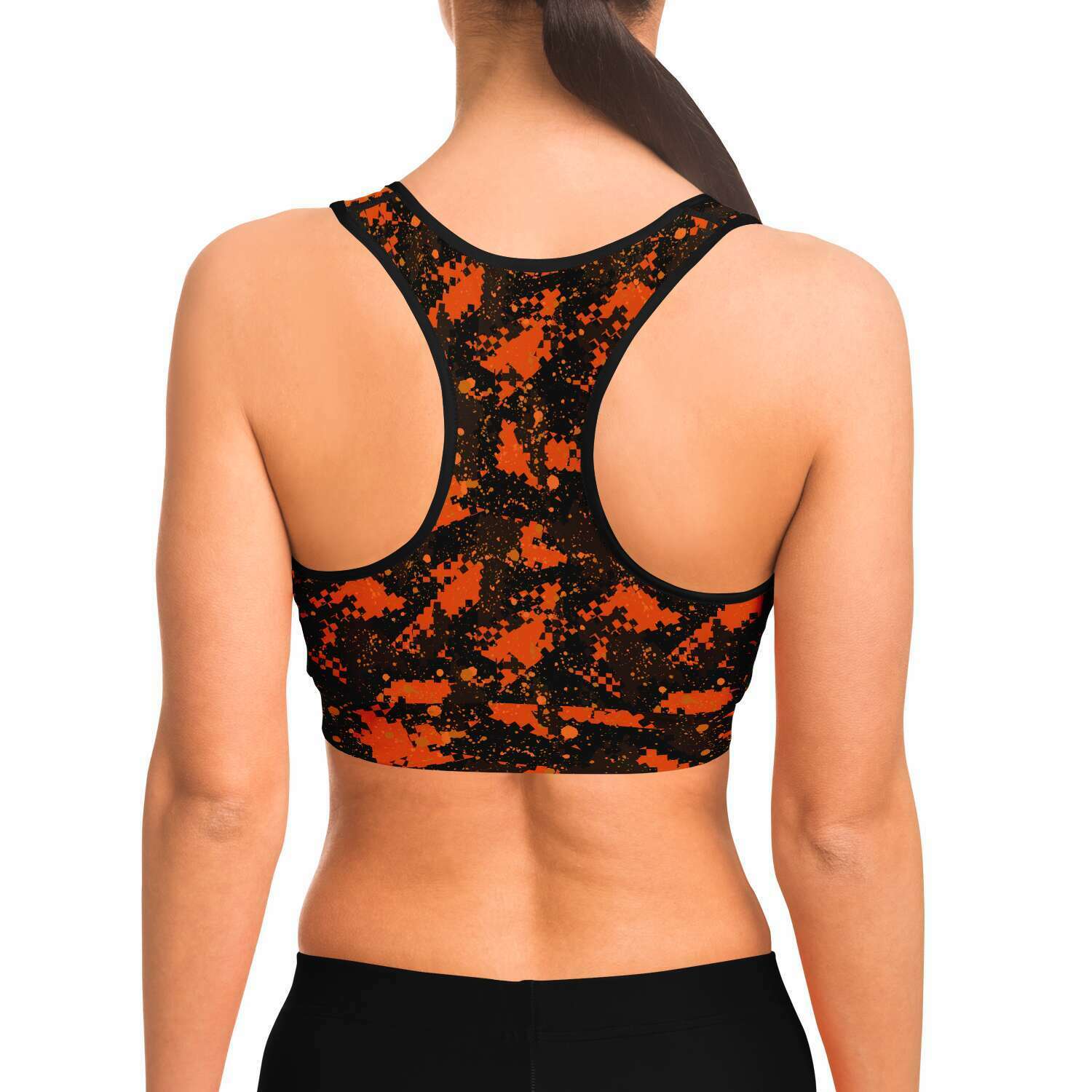 Women's Orange Digital Camouflage Athletic Sports Bra Model Back