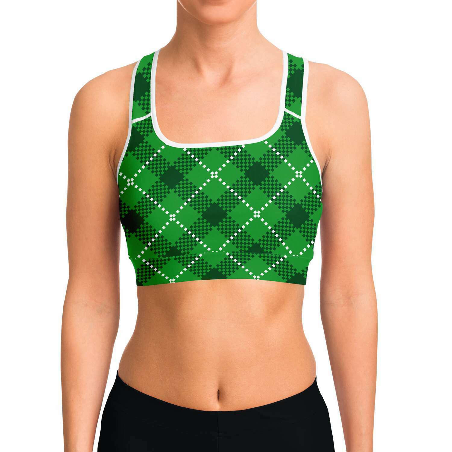 Women's Irish Winter Green Plaid Athletic Sports Bra Model Front