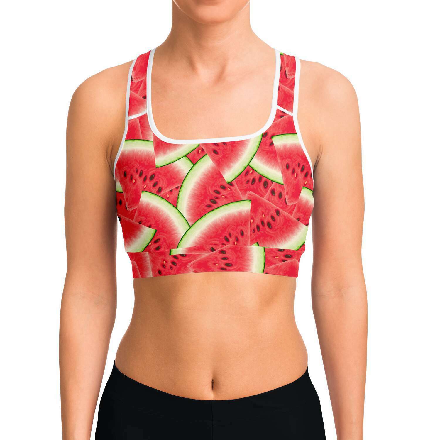 Women's Juicy Watermelon Slices Athletic Sports Bra Model Front