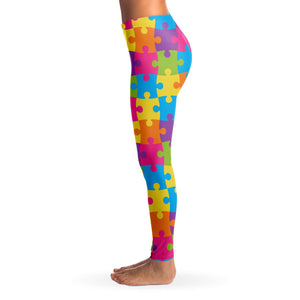Women's Rainbow Puzzle Pieces Autism Mid-rise Yoga Leggings Left