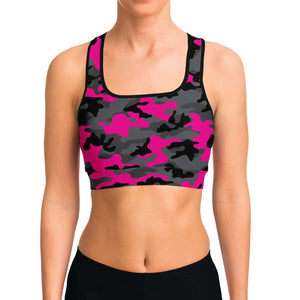 Women's Black Pink Camouflage Athletic Sports Bra Model Front