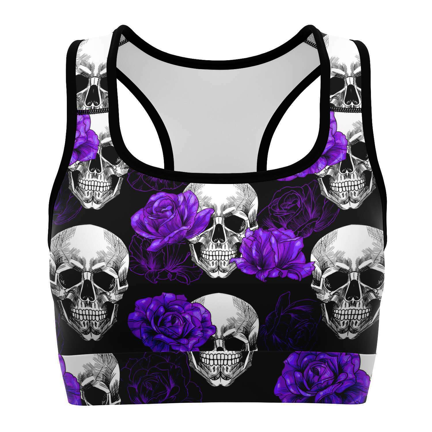 Women's Purple Roses & Skulls Halloween Athletic Sports Bra